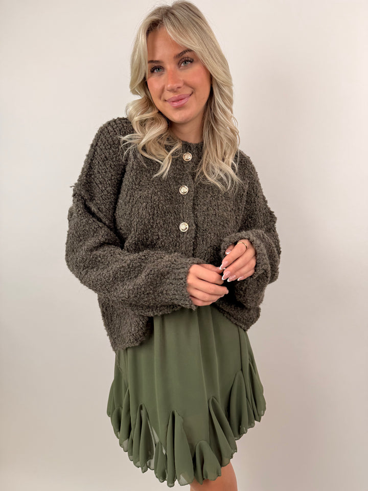 Kurzer Oversize Cardigan mit goldenen Manschettenknöpfen Claire (Teddystoff)